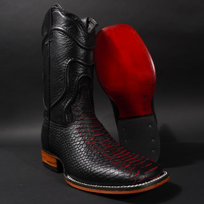 Botas negras con rojo piton, suela roja y punta cuadrada