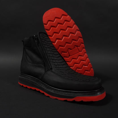 Botines negros doble cierre piton, suela roja