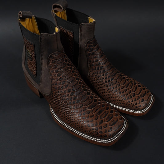 Botines vaqueros cafes piton, punta cuadrada